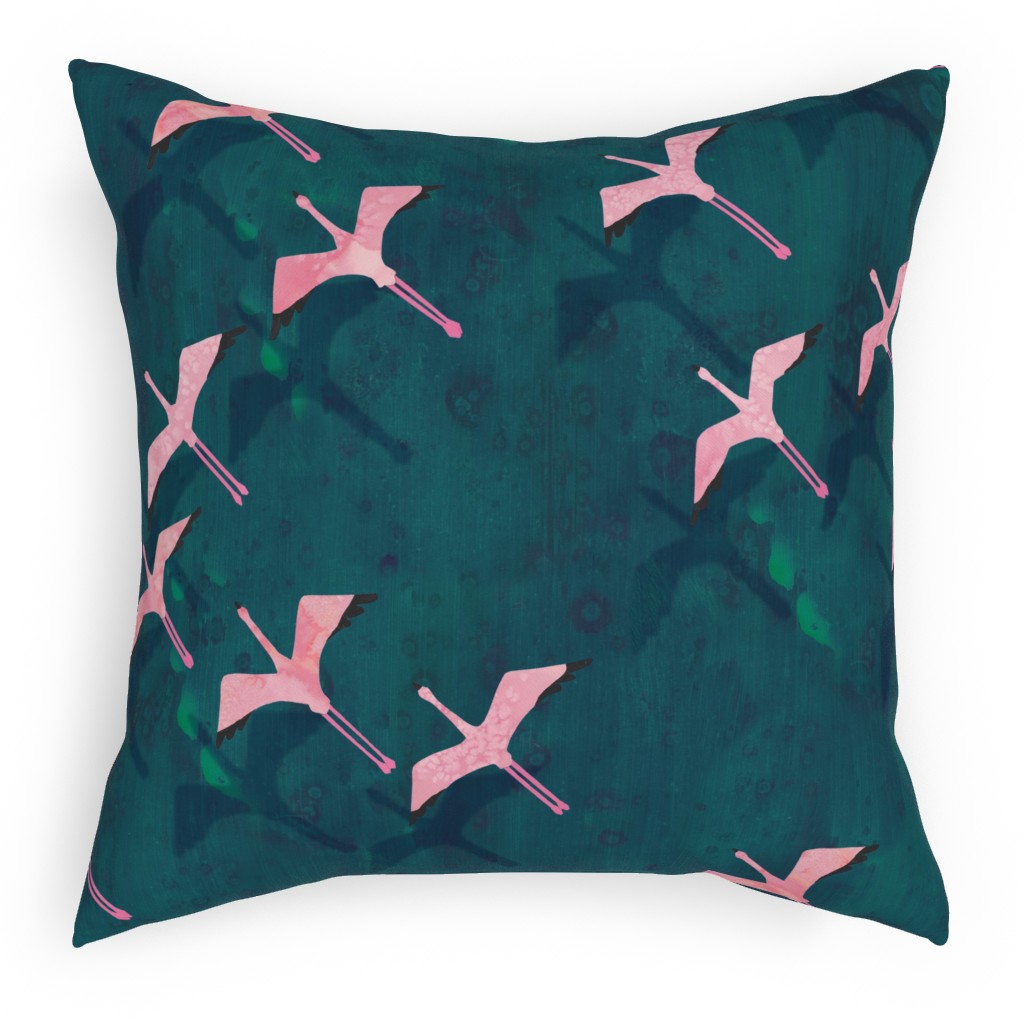 Flamingos Flying Pillow, Woven, White, 18x18, Double Sided, Green