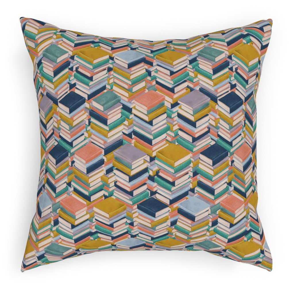 Book Stacks Pillow, Woven, White, 18x18, Double Sided, Multicolor, Burst
