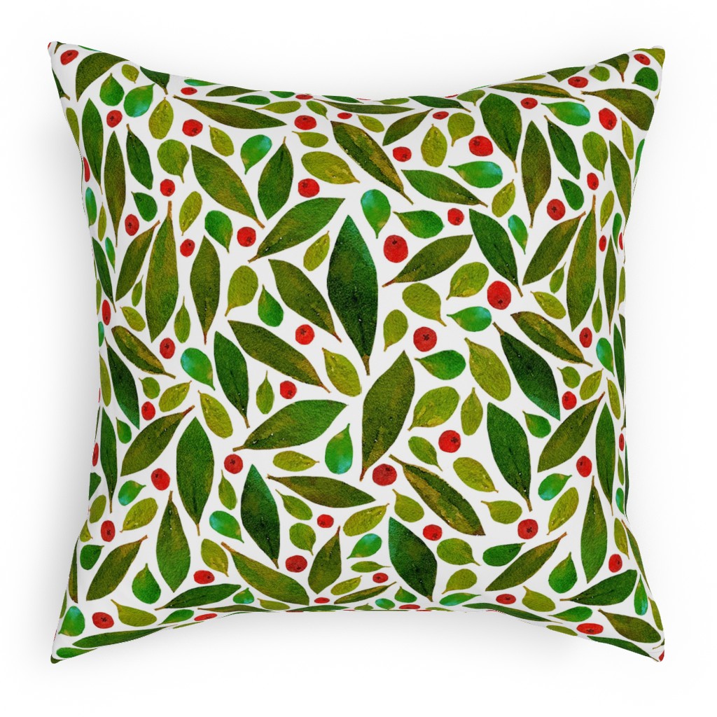 Holiday Greens and Berries Pillow, Woven, White, 18x18, Double Sided, Green