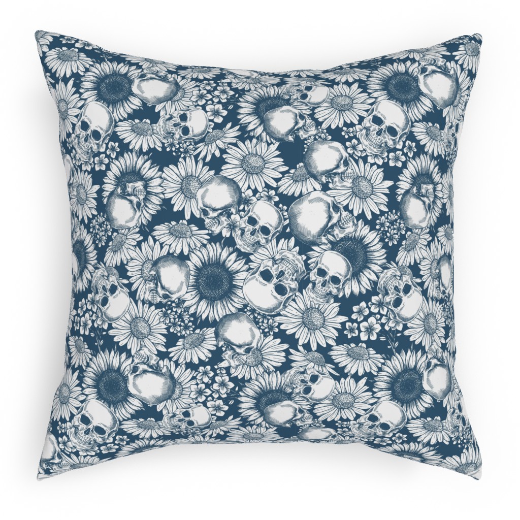 Floral Skull - Blue Pillow, Woven, White, 18x18, Double Sided, Blue
