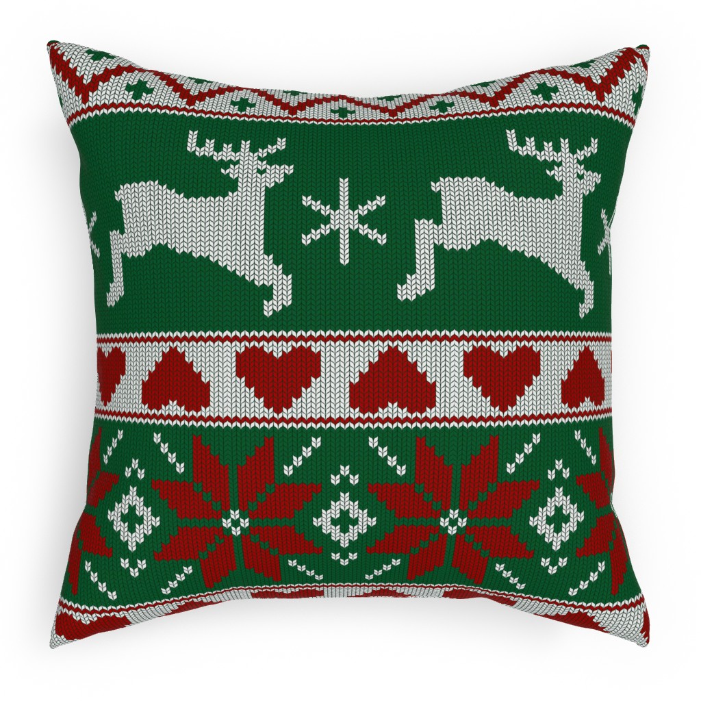 Christmas Knit - Green and Red Pillow, Woven, White, 18x18, Double Sided, Multicolor