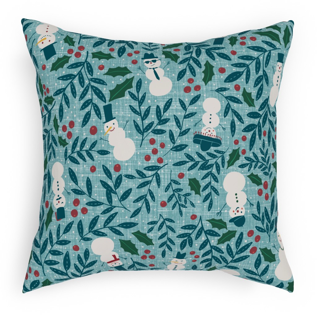 Snowmen in Winter Wonderland - Blue Pillow, Woven, White, 18x18, Double Sided, Blue