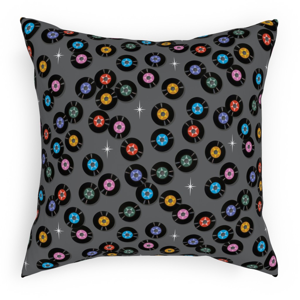 Pop Star Vintage Vinyl Records Pillow, Woven, White, 18x18, Double Sided, Gray
