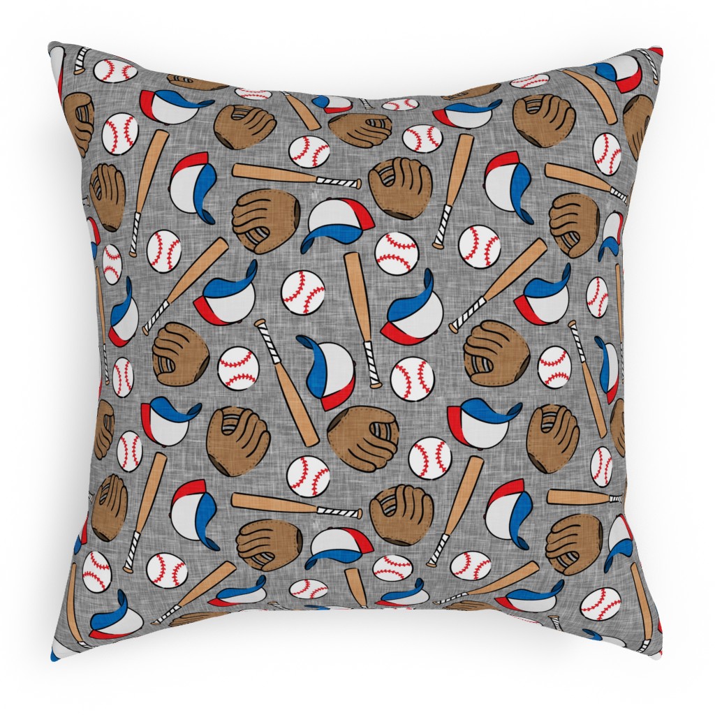 Baseball Bats Mits and Balls Pillow, Woven, White, 18x18, Double Sided, Multicolor, Cement