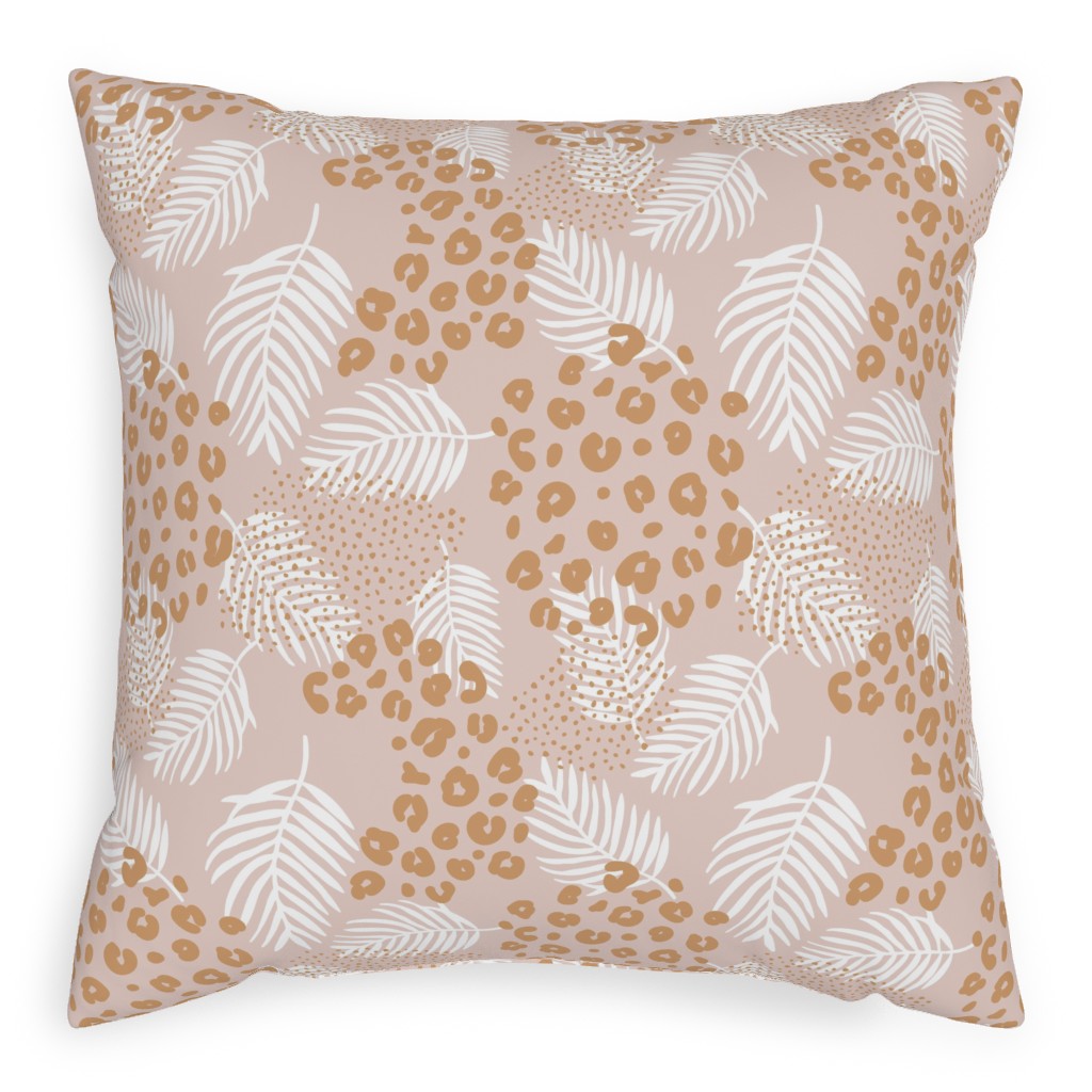 Palm Leaves and Animal Panther Spots - Beige Pillow, Woven, White, 20x20, Double Sided, Pink, Bright Pink