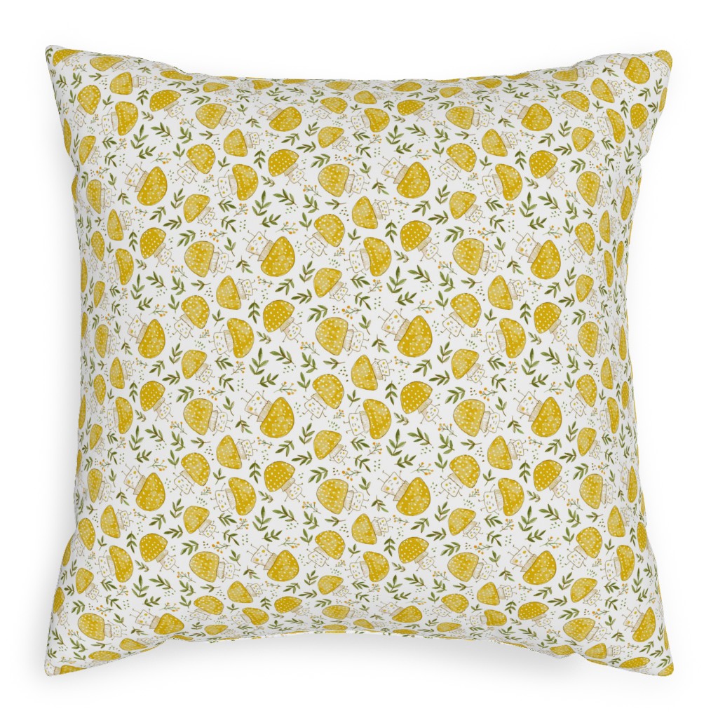 the Happiest Little Mushrooms - Yellow Pillow, Woven, White, 20x20, Double Sided, Yellow