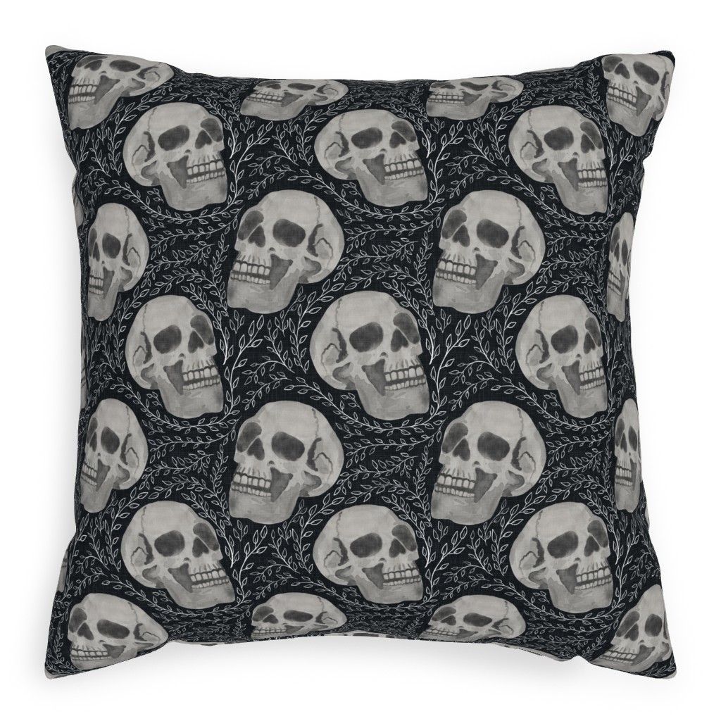 Watercolor Skulls With Flourish - Dark Pillow, Woven, White, 20x20, Double Sided, Gray