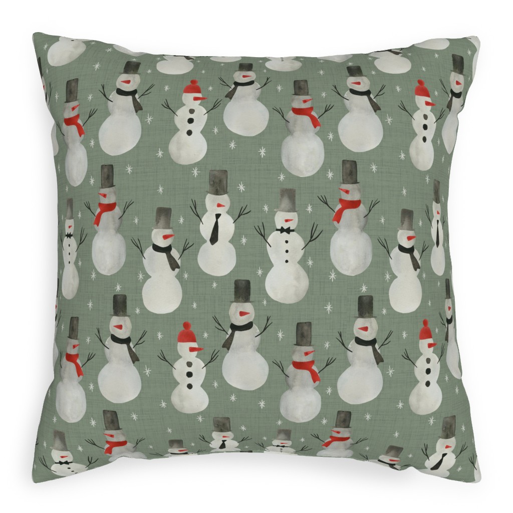 Watercolor Snowmen on Sage Pillow, Woven, White, 20x20, Double Sided, Green, Classic Green