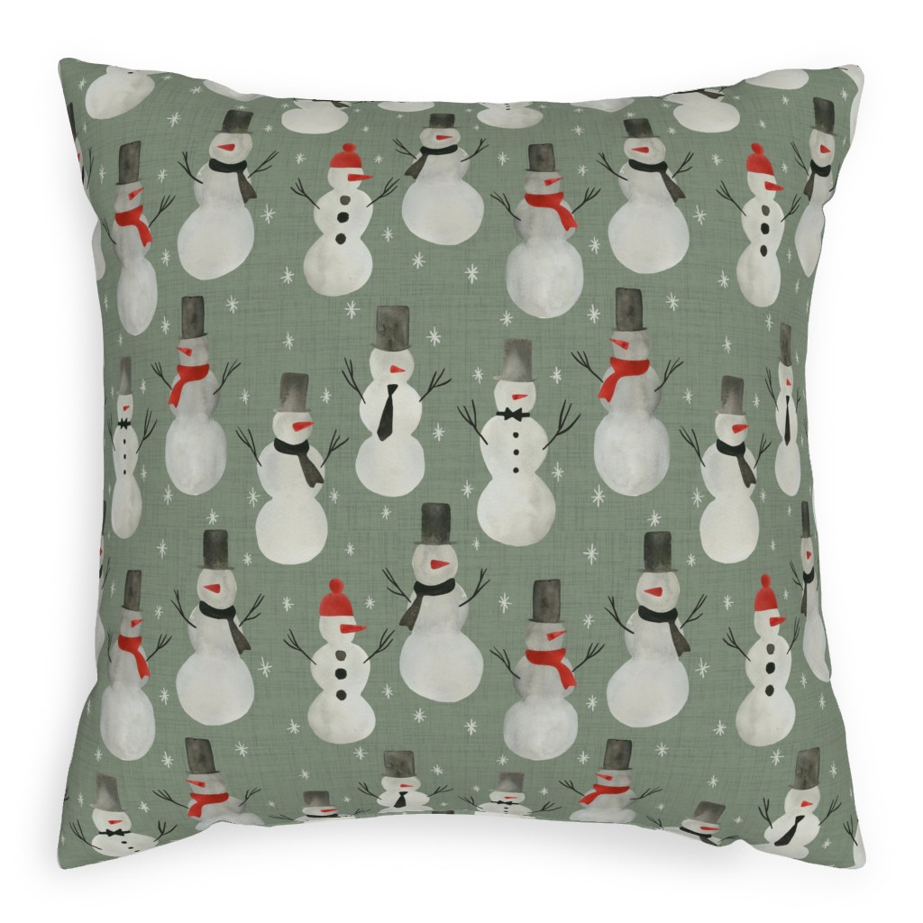 Watercolor Snowmen on Sage Pillow, Woven, White, 20x20, Double Sided, Green