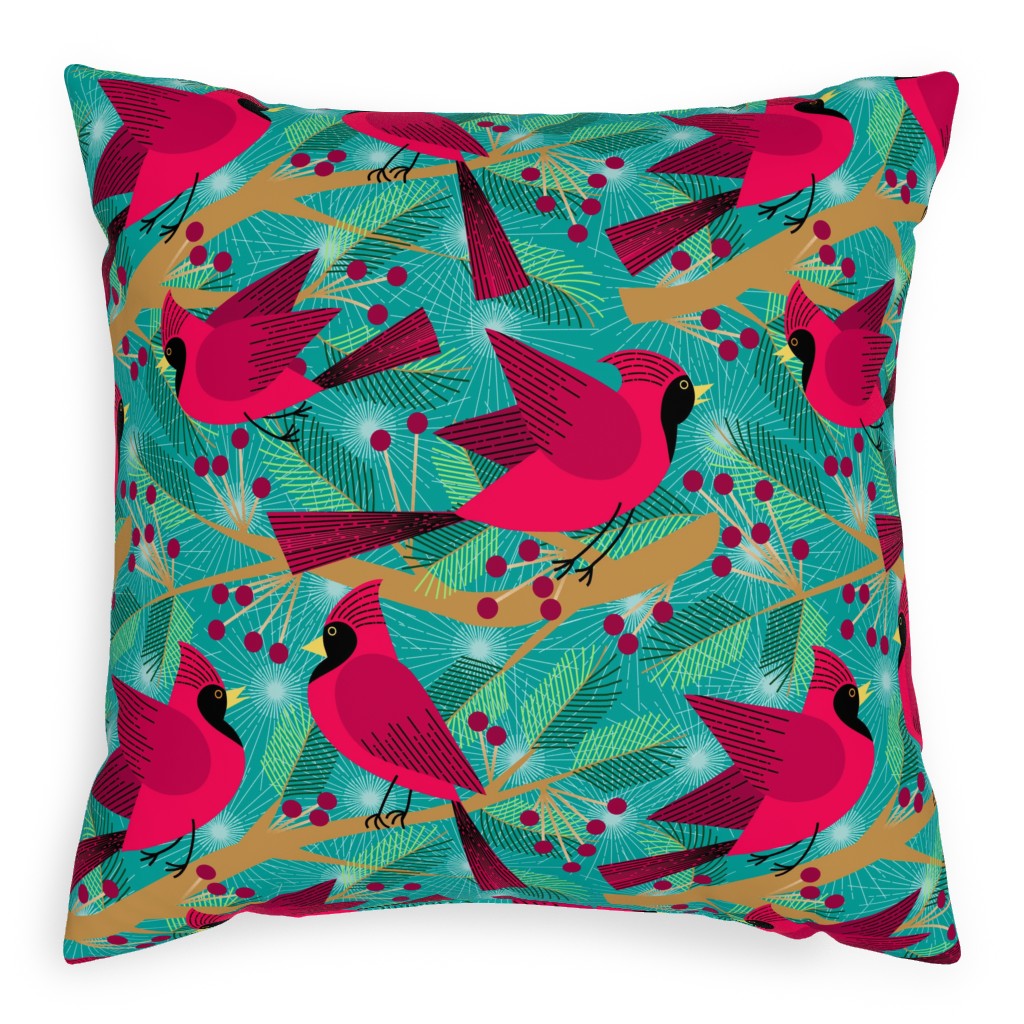 Winter Solstice Cardinals - Green Pillow, Woven, White, 20x20, Double Sided, Green, Classic Green