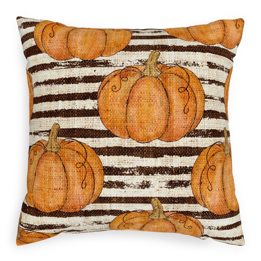 Painted Pumpkins on Distressed Stripes - Orange and Black Pillow, Woven, White, 20x20, Double Sided, Orange