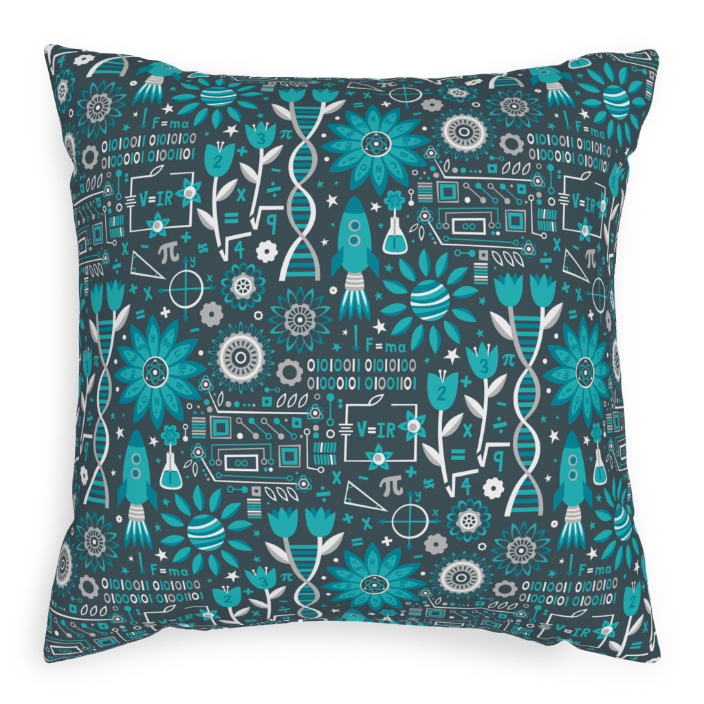 Flowers and Stem Pillow, Woven, White, 20x20, Double Sided, Blue, Boardwalk