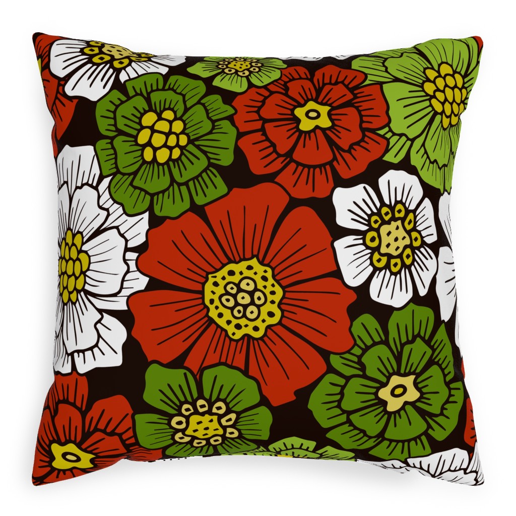 Christmas Floral - Red and Green Pillow, Woven, White, 20x20, Double Sided, Multicolor