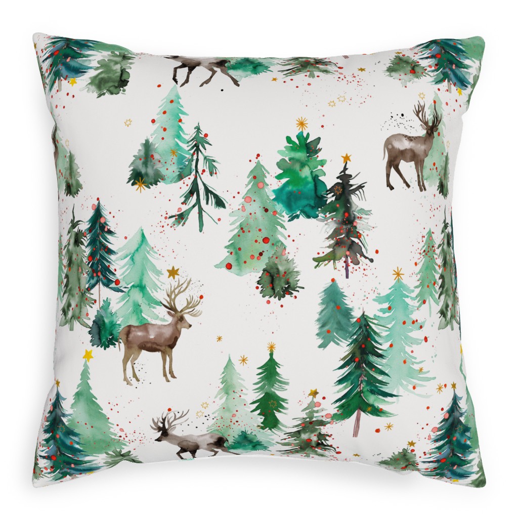 Rudolph Deer & Christmas Trees Pillow, Woven, White, 20x20, Double Sided, Green