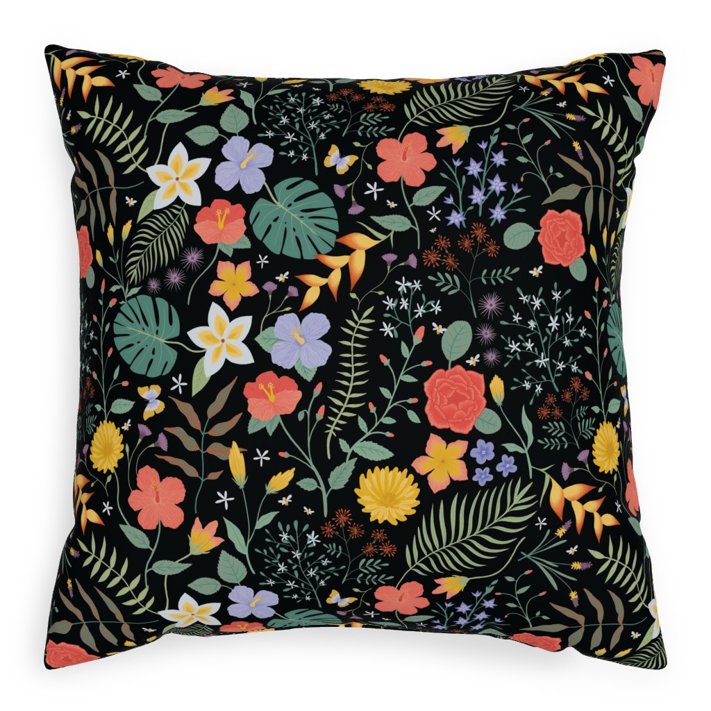 Hawaii Floral - Black Pillow, Woven, White, 20x20, Double Sided, Multicolor