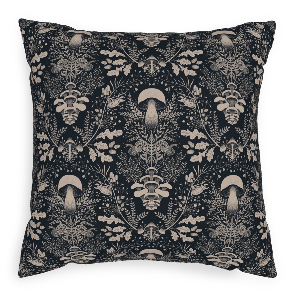 Mushroom Forest Damask - Dark Pillow, Woven, White, 20x20, Double Sided, Black, Black