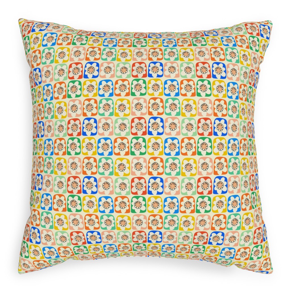 Abstract Retro Flower Doodle Squares - Multi Pillow, Woven, White, 20x20, Double Sided, Multicolor