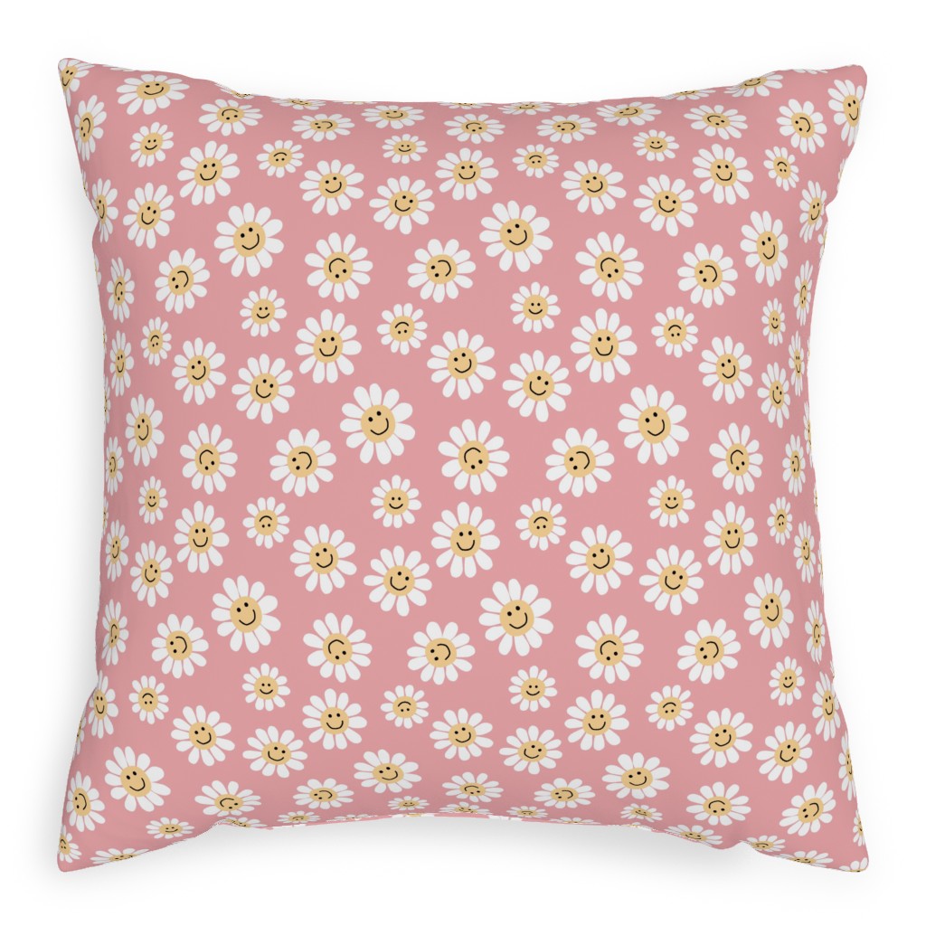 Smiley Daisy Flowers - Pink Pillow, Woven, White, 20x20, Double Sided, Pink, Bright Pink