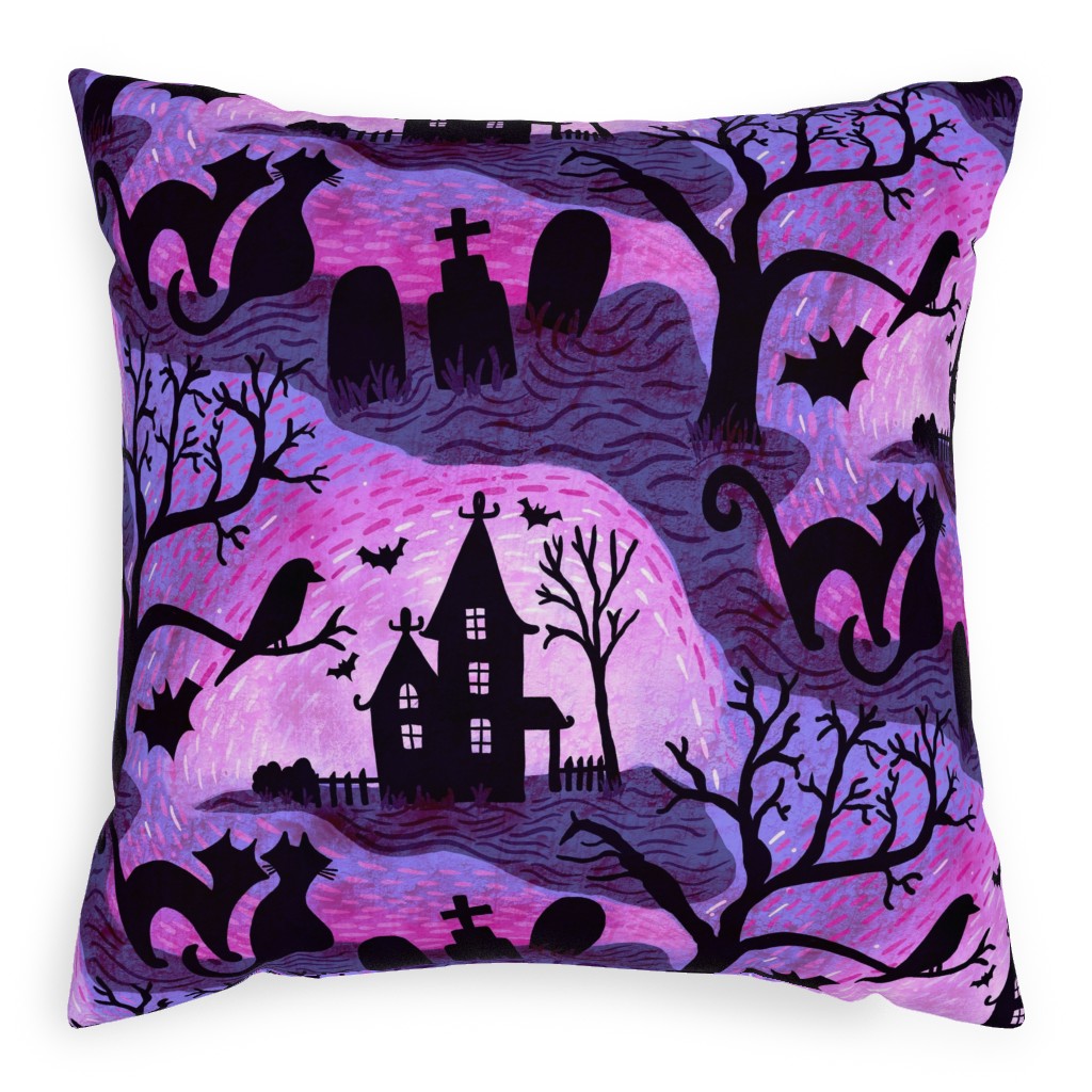 Spooky Halloween Haunts Pillow, Woven, White, 20x20, Double Sided, Purple, Amethyst