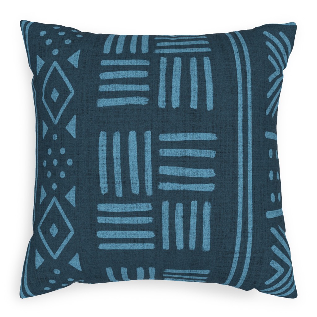 Mudcloth Geometric Motifs Pillow, Woven, White, 20x20, Double Sided, Blue, Bluebird