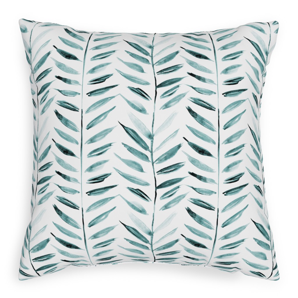 Leaves Herringbone - Watercolor Nature - Emerald Pillow, Woven, White, 20x20, Double Sided, Green, Classic Green