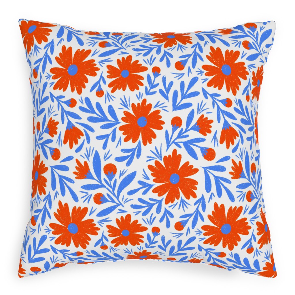 Floral Drop - Red and Blue Pillow, Woven, White, 20x20, Double Sided, Blue