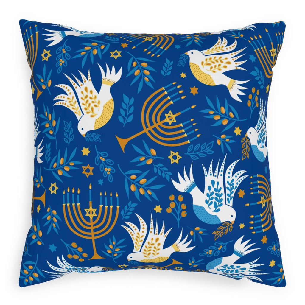 Hanukkah Birds Menorahs Pillow, Woven, White, 20x20, Double Sided, Blue