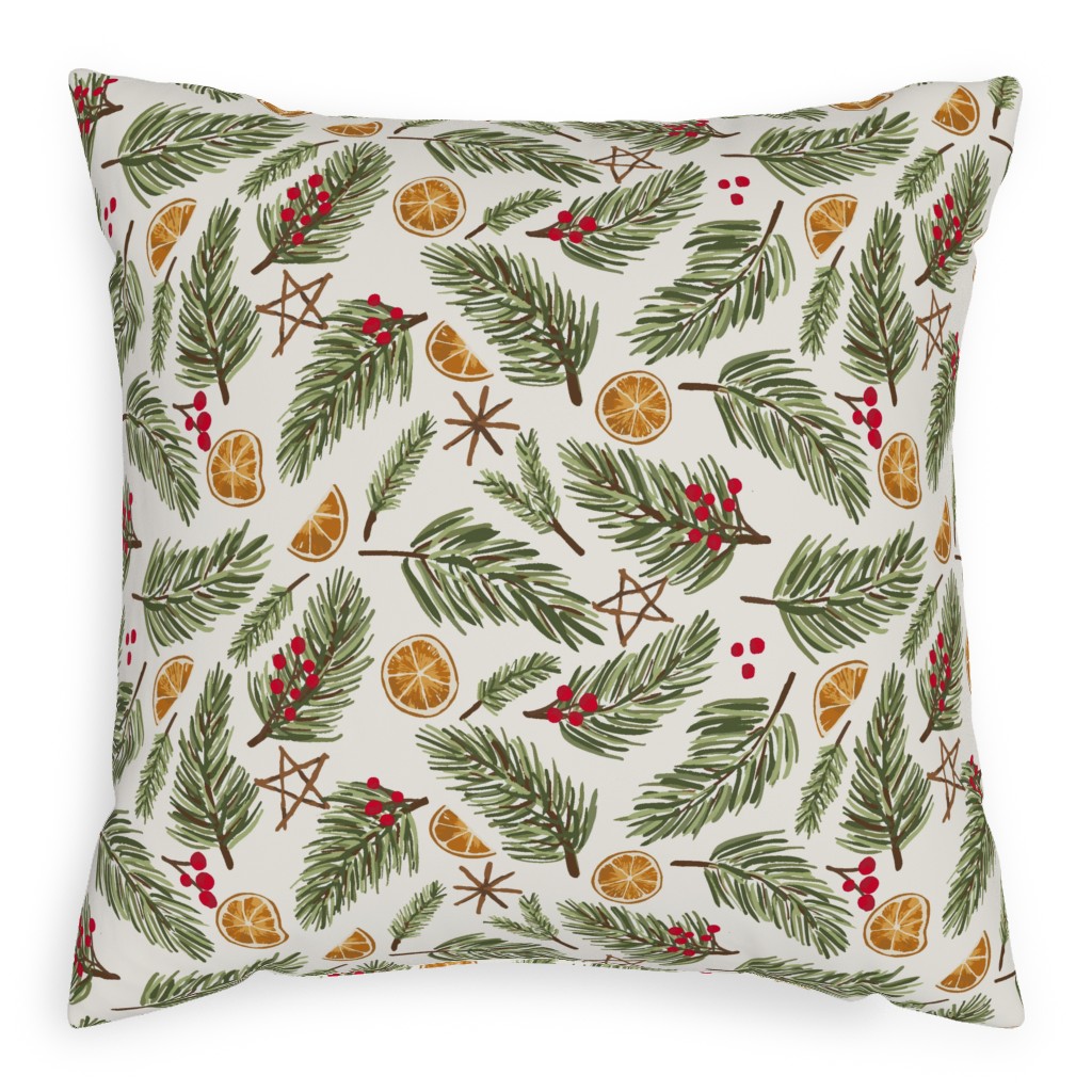 Festive Christmas Pine Sprigs Pillow, Woven, White, 20x20, Double Sided, Multicolor