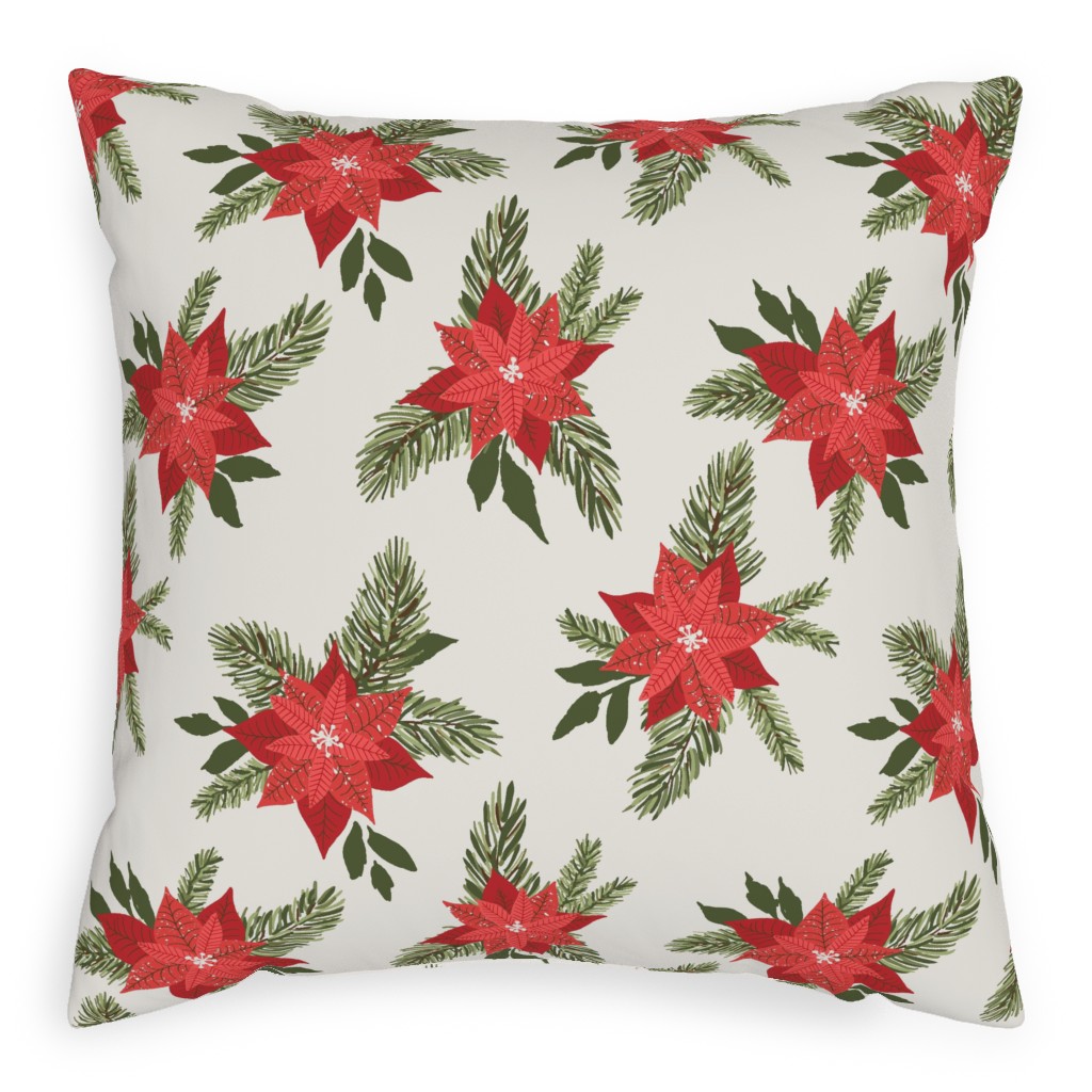 Red Poinsettia Christmas Flowers Pillow, Woven, White, 20x20, Double Sided, Red