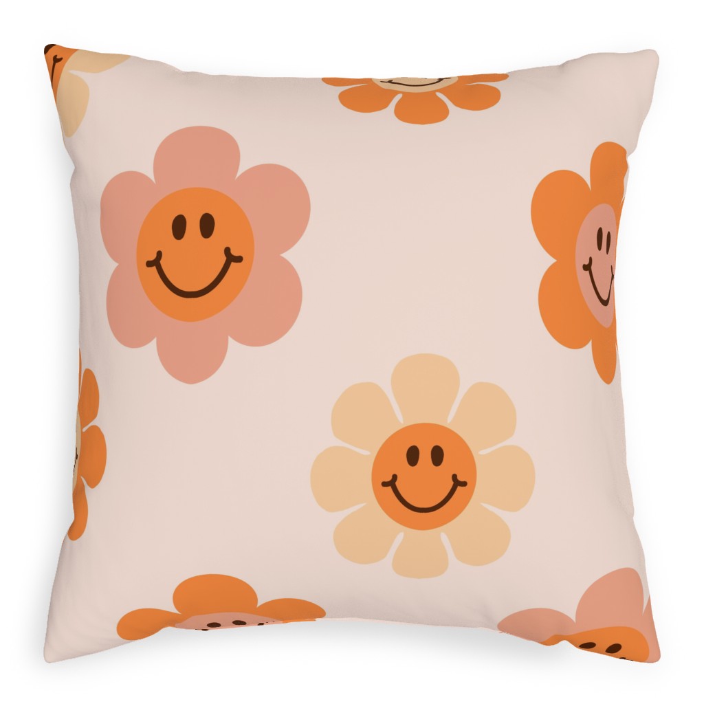 Smiley Floral - Orange Pillow, Woven, White, 20x20, Double Sided, Orange