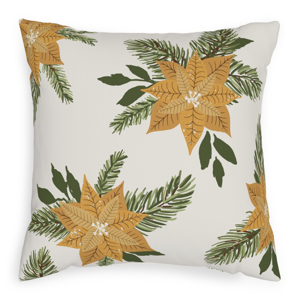 Golden Poinsettia Christmas Flowers Pillow, Woven, White, 20x20, Double Sided, Yellow