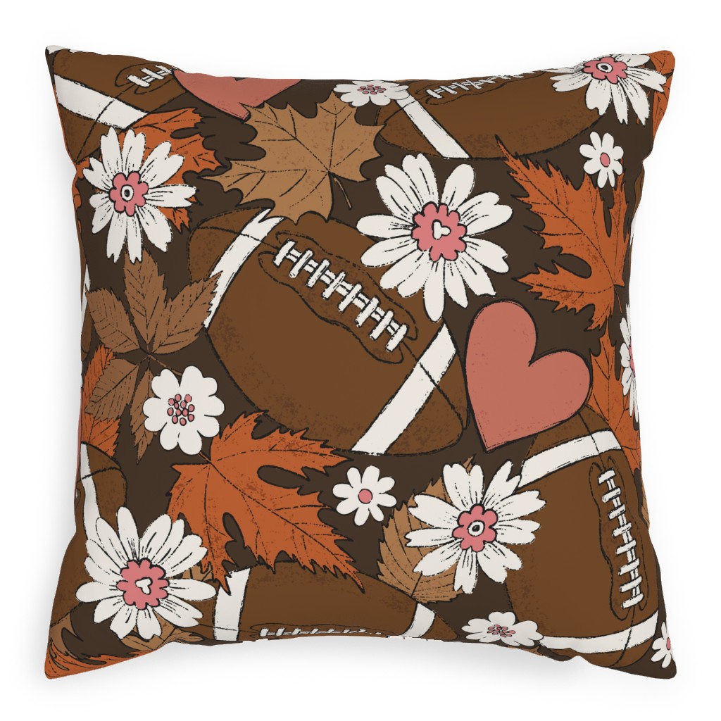 Football, Fall and Florals - Brown Pillow, Woven, White, 20x20, Double Sided, Brown, Brown