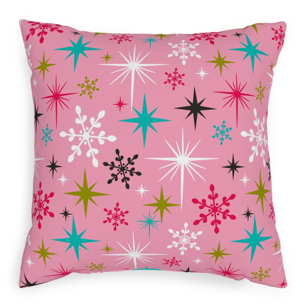 Stardust Retro Christmas Snowflakes and Stars - Pink Pillow, Woven, White, 20x20, Double Sided, Pink
