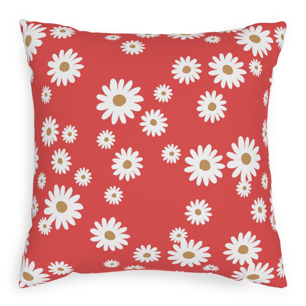 Vintage Daisies - White on Red Pillow, Woven, White, 20x20, Double Sided, Red