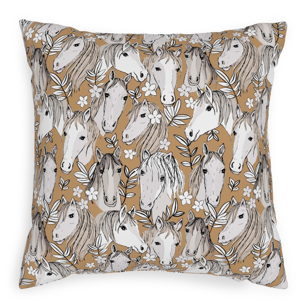 Wild Horses Pillow, Woven, White, 20x20, Double Sided, Brown, Dust Bunny