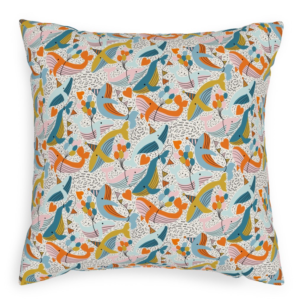 Whale Celebration - Multicolor Pillow, Woven, White, 20x20, Double Sided, Multicolor