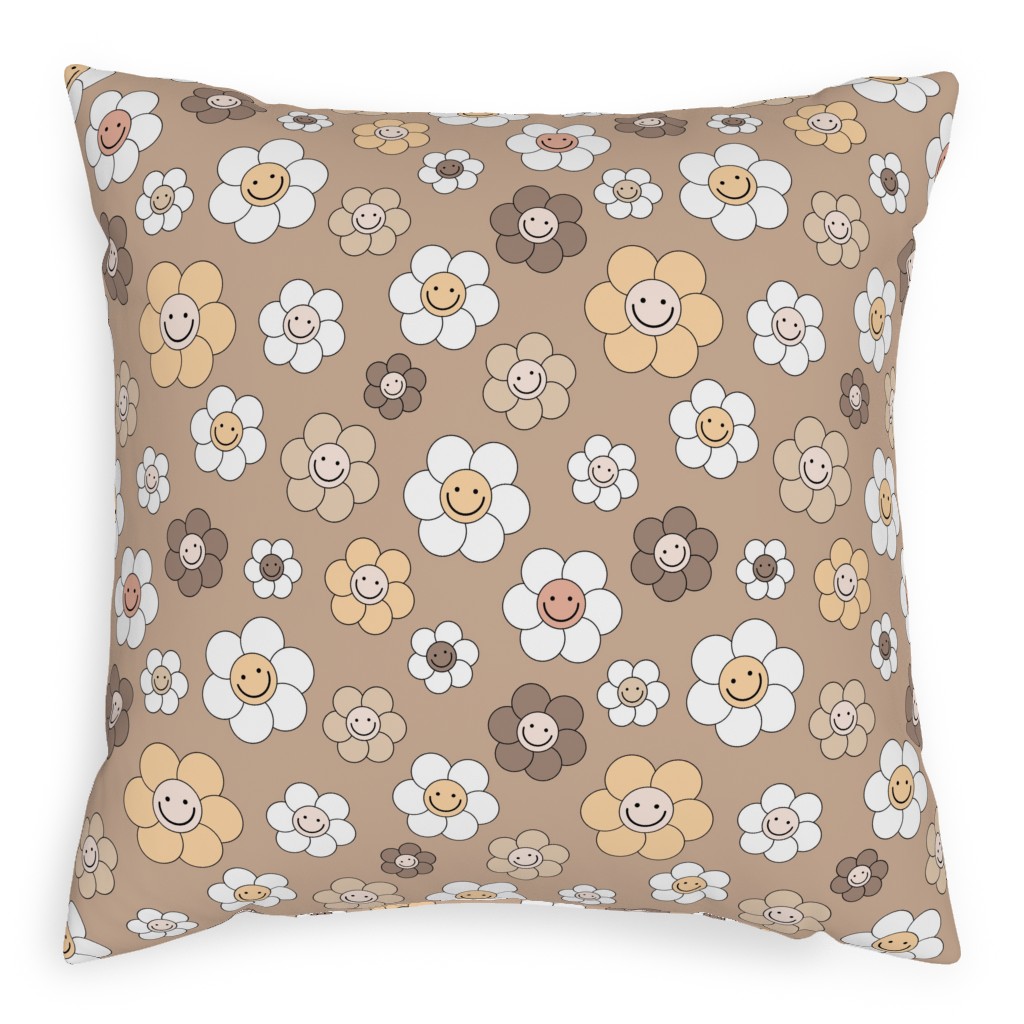 Sweet Smiling Daisies Pillow, Woven, White, 20x20, Double Sided, Brown, Dust Bunny