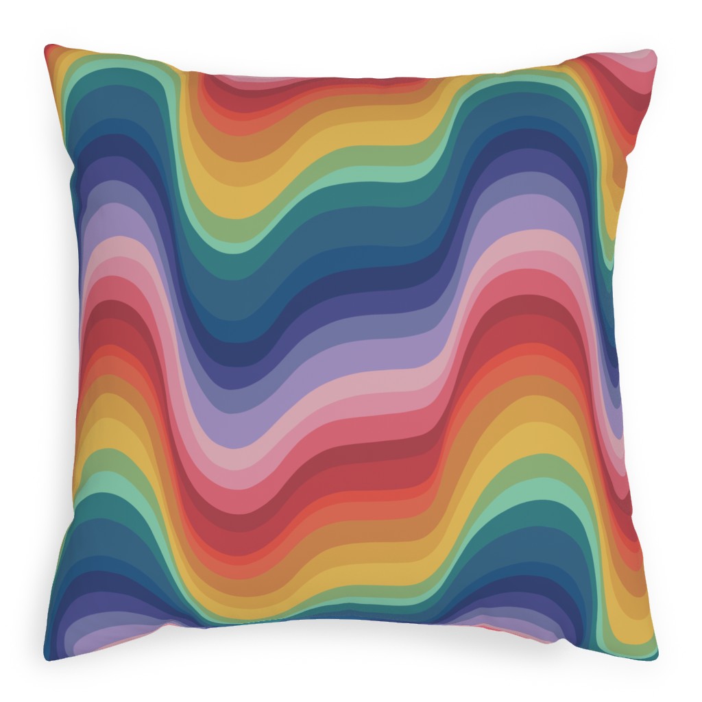 Wavy Rainbow Stripes - Multicolor Pillow, Woven, White, 20x20, Double Sided, Multicolor