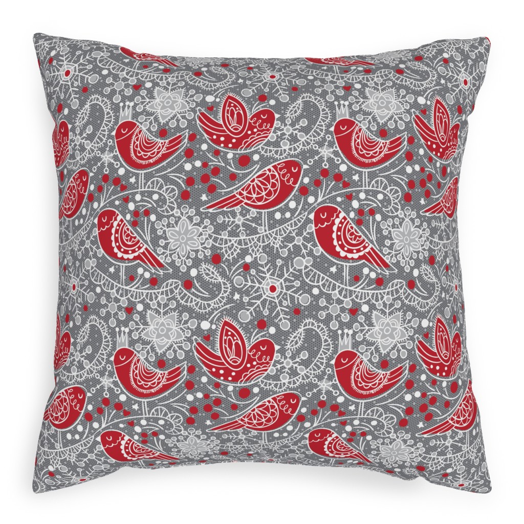 Winter Frost Lace - Gray and Red Pillow, Woven, White, 20x20, Double Sided, Red, Red