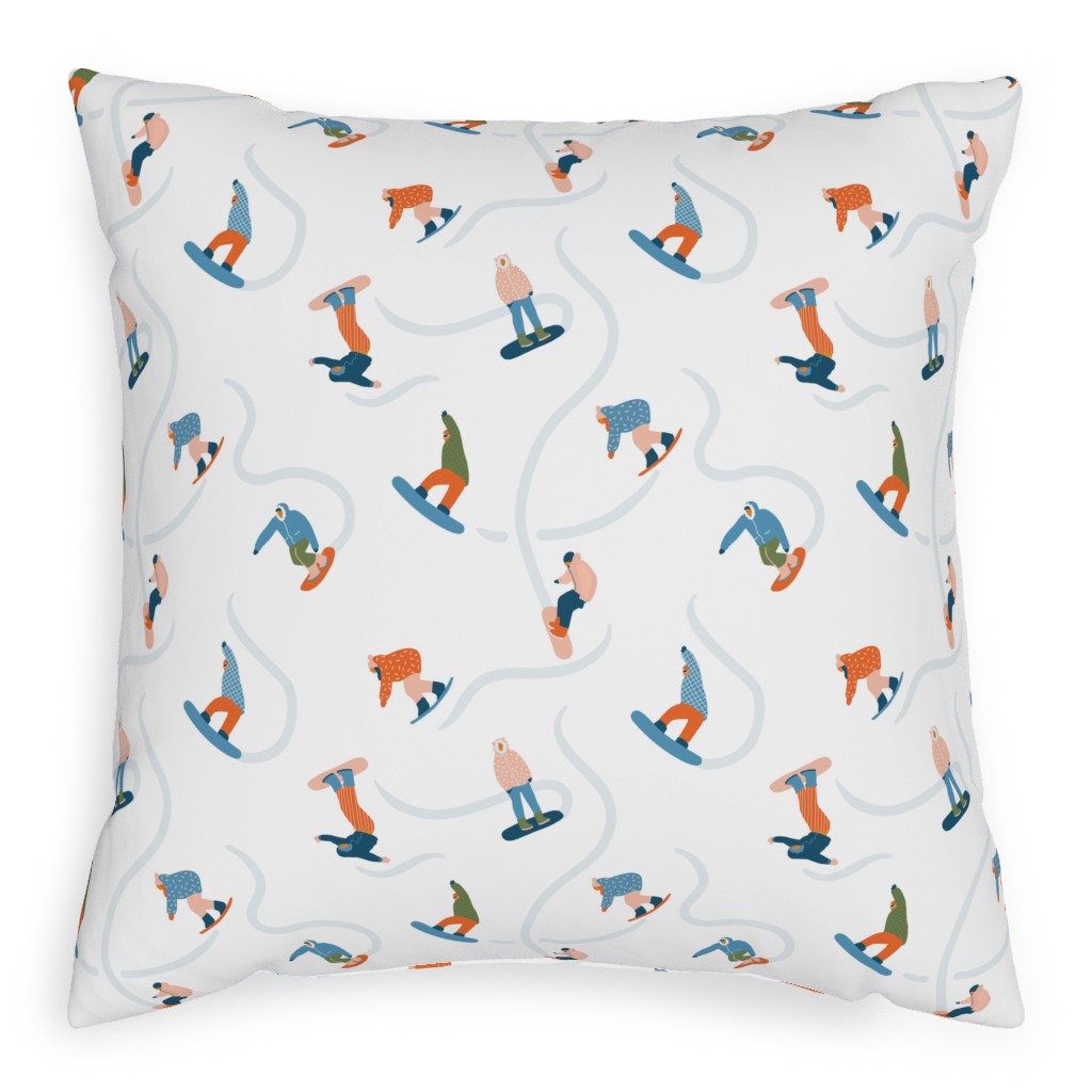 Snowboarding - Multicolor on White Pillow, Woven, White, 20x20, Double Sided, Multicolor