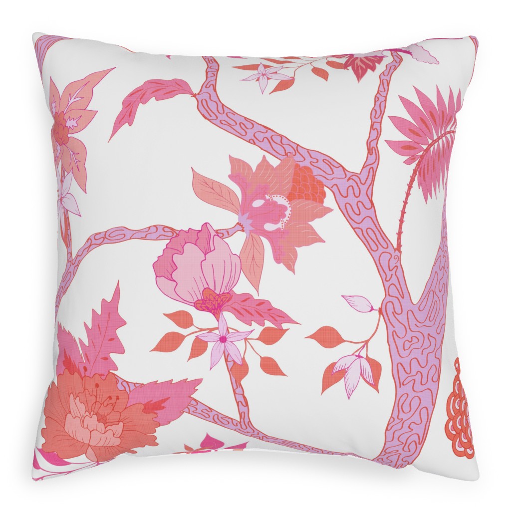 Peony Branch Mural Pillow, Woven, White, 20x20, Double Sided, Pink