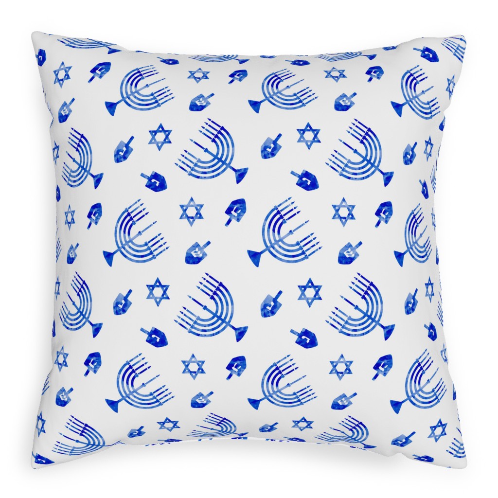 Watercolor Hanukkah Menorah, Dreidel, Star of David - Blue Pillow, Woven, White, 20x20, Double Sided, Blue, True Blue