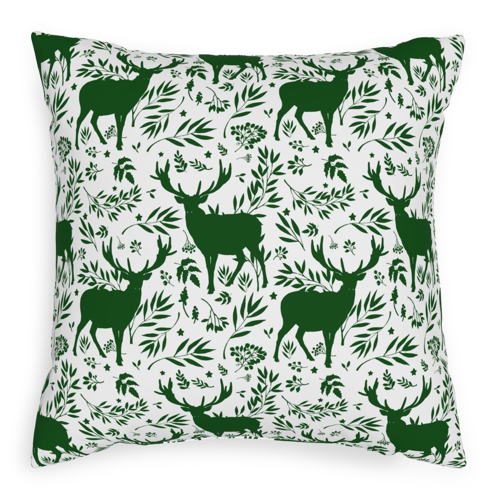 Winter Scene - Green on White Pillow, Woven, White, 20x20, Double Sided, Green