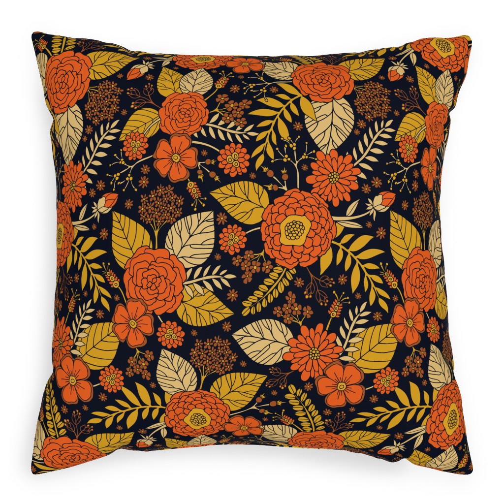 Retro Floral - Orange Brown and Yellow Pillow, Woven, White, 20x20, Double Sided, Orange, Orange