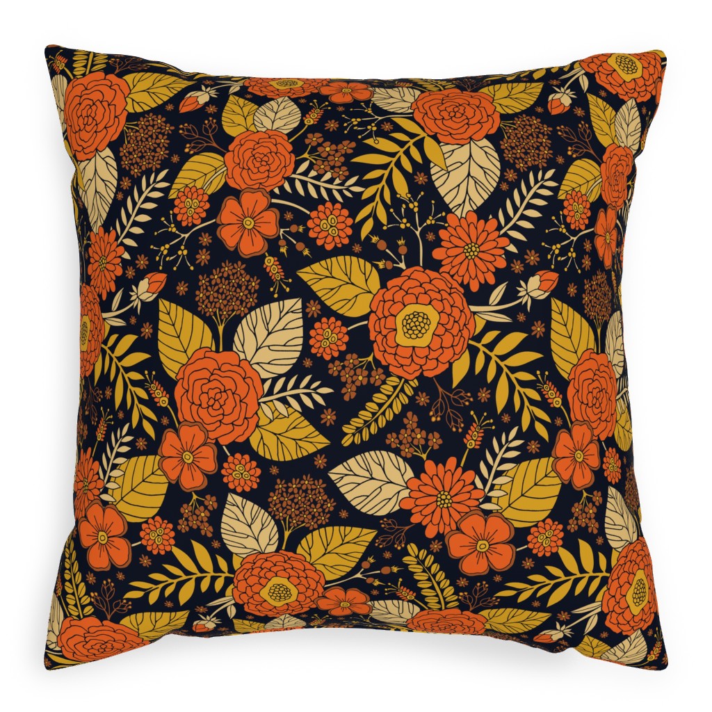 Retro Floral - Orange Brown and Yellow Pillow, Woven, White, 20x20, Double Sided, Orange