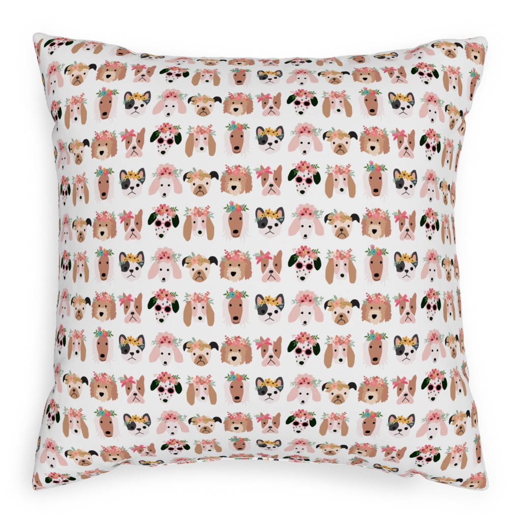 Puppy Dogs With Floral Crowns Pillow, Woven, White, 20x20, Double Sided, Multicolor