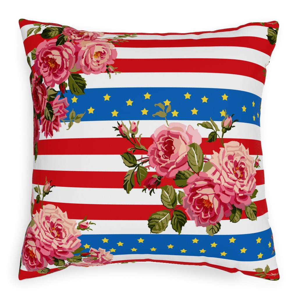 Americana Summer Roses - Multi Pillow, Woven, White, 20x20, Double Sided, Multicolor