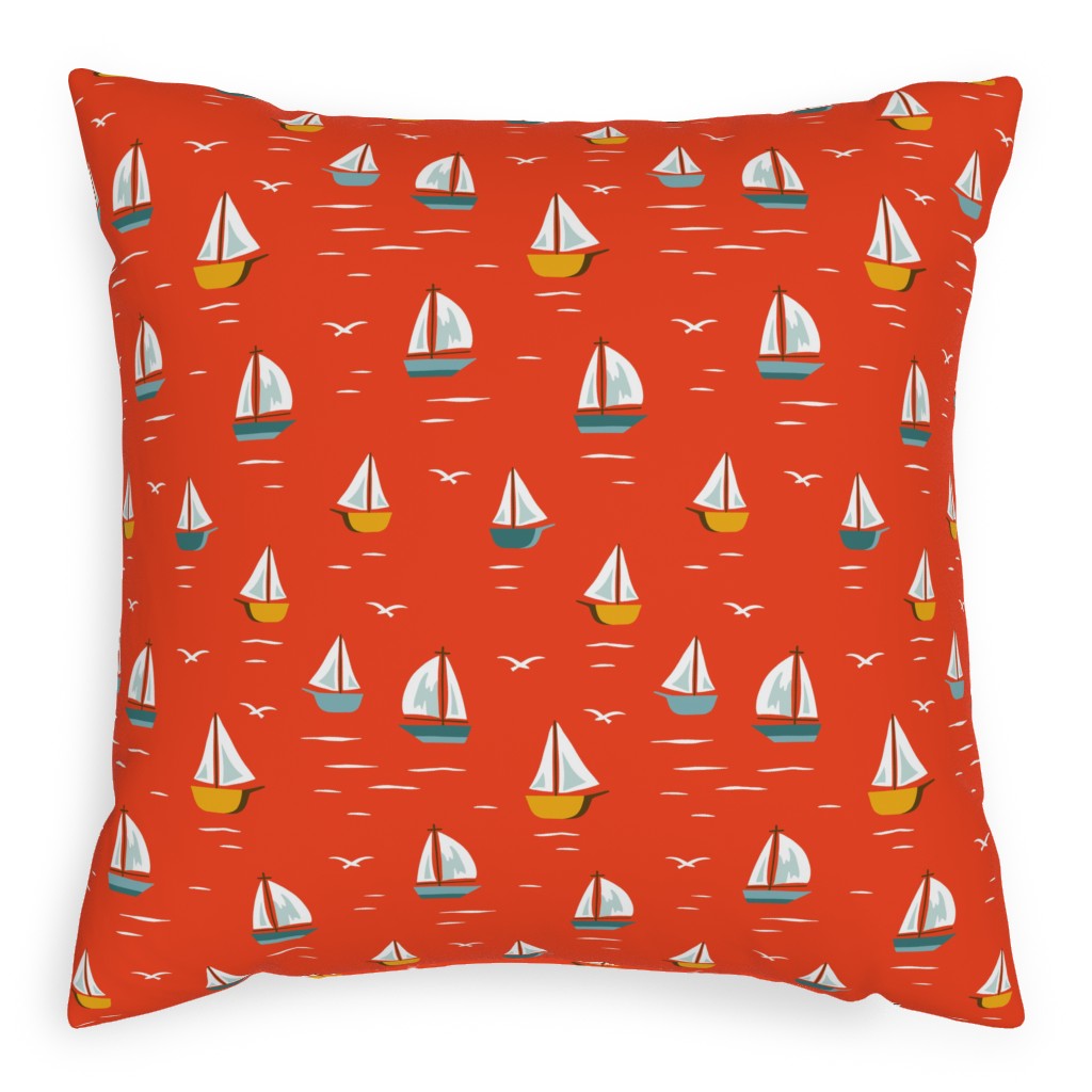 Sailboats Pillow, Woven, White, 20x20, Double Sided, Red, New Year