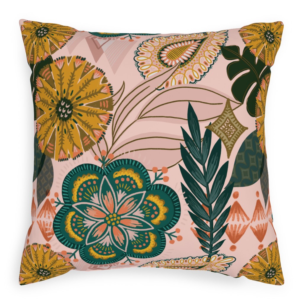 Boho Tropical - Floral - Pink Pillow, Woven, White, 20x20, Double Sided, Multicolor