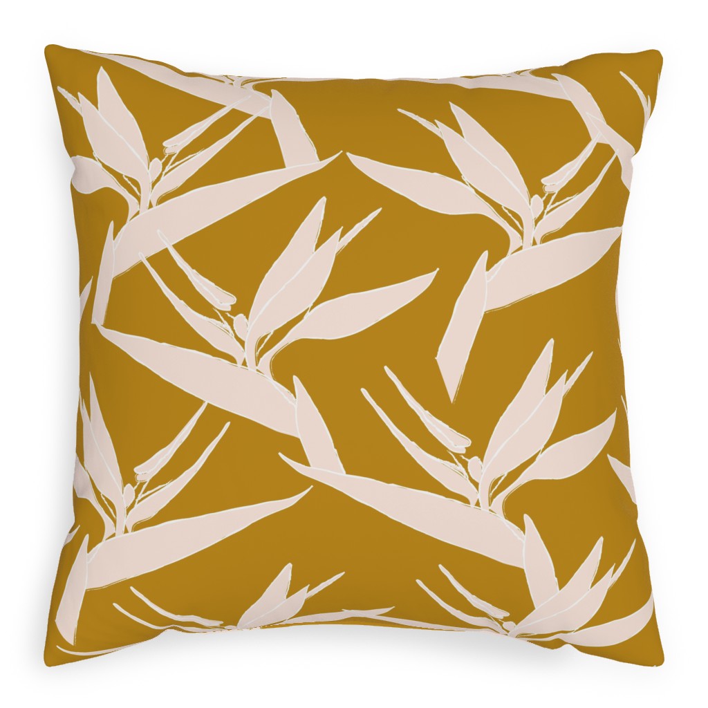 Freehand Birds of Paradise - Mustard and Pale Peach Pillow, Woven, White, 20x20, Double Sided, Yellow